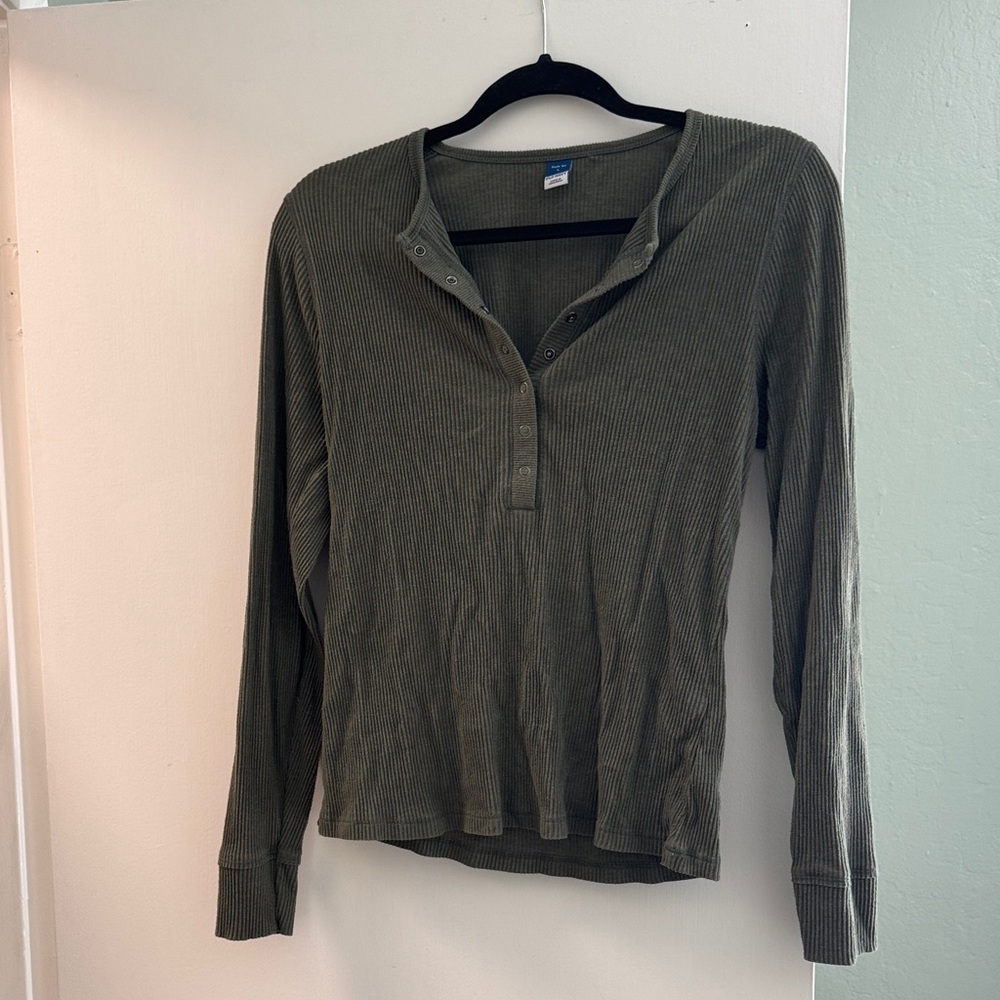 Old Navy Olive Ribbed Henley Long Sleeve Top